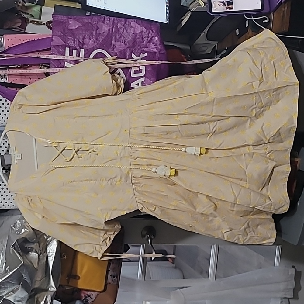 Chelsea & Violet Yellow & White Boho Puffy Sleeved Dress Size Medium - Picture 2 of 7